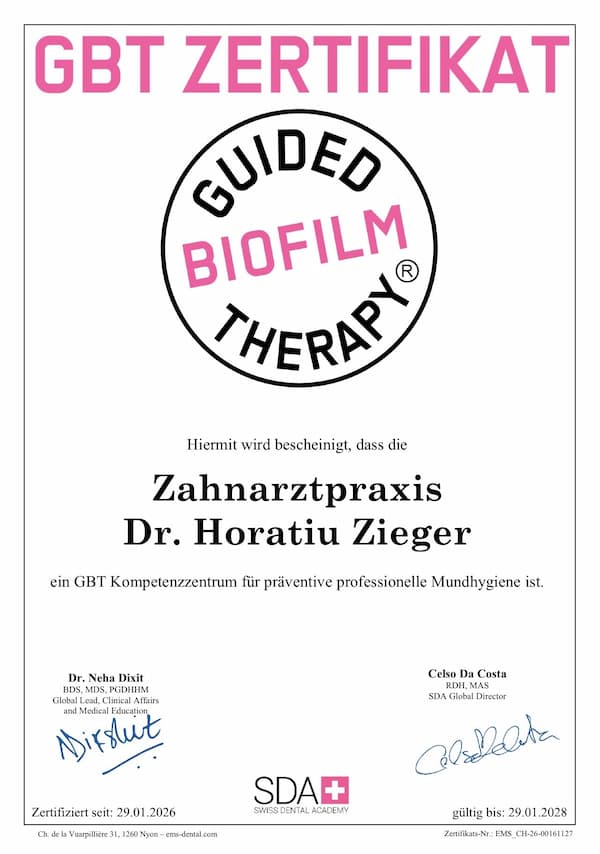 GBT-Zertifikat der Firma EMS für die Zaharztpraxis Dr. Zieger Bonn